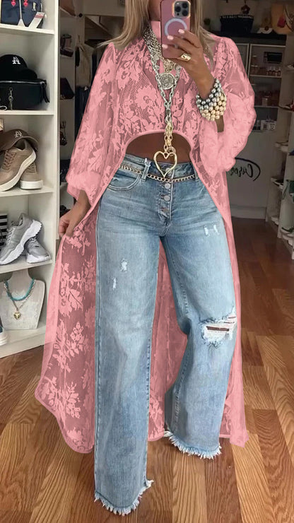 Women's Round Neck Lace Short Front and Long Back Casual Top - Seldom Seen Styles