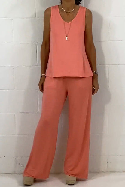 Women's Spring Casual Solid Sleeveless Crewneck Loose Two-piece Set - Seldom Seen Styles