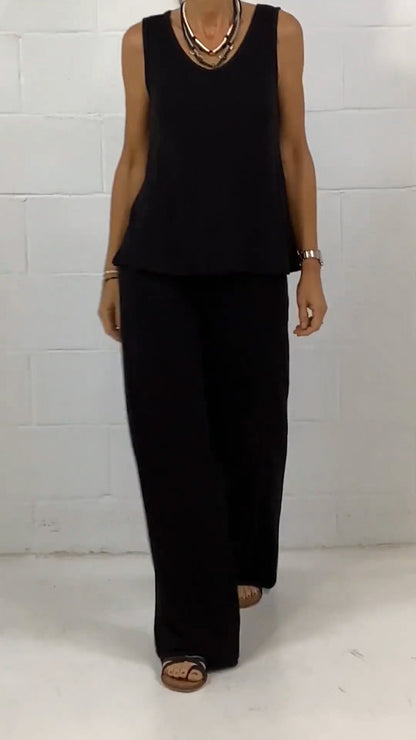 Women's Spring Casual Solid Sleeveless Crewneck Loose Two-piece Set - Seldom Seen Styles