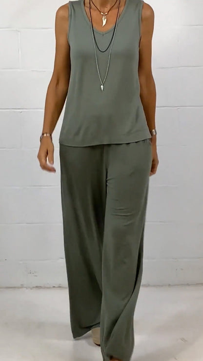 Women's Spring Casual Solid Sleeveless Crewneck Loose Two-piece Set - Seldom Seen Styles