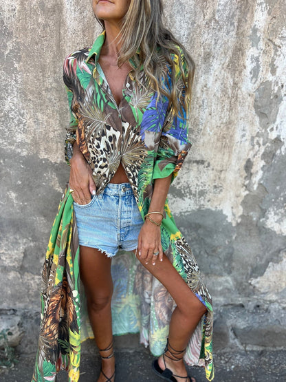 Women's Lapel Plant and Animal Print Casual Long Shirt - Seldom Seen Styles