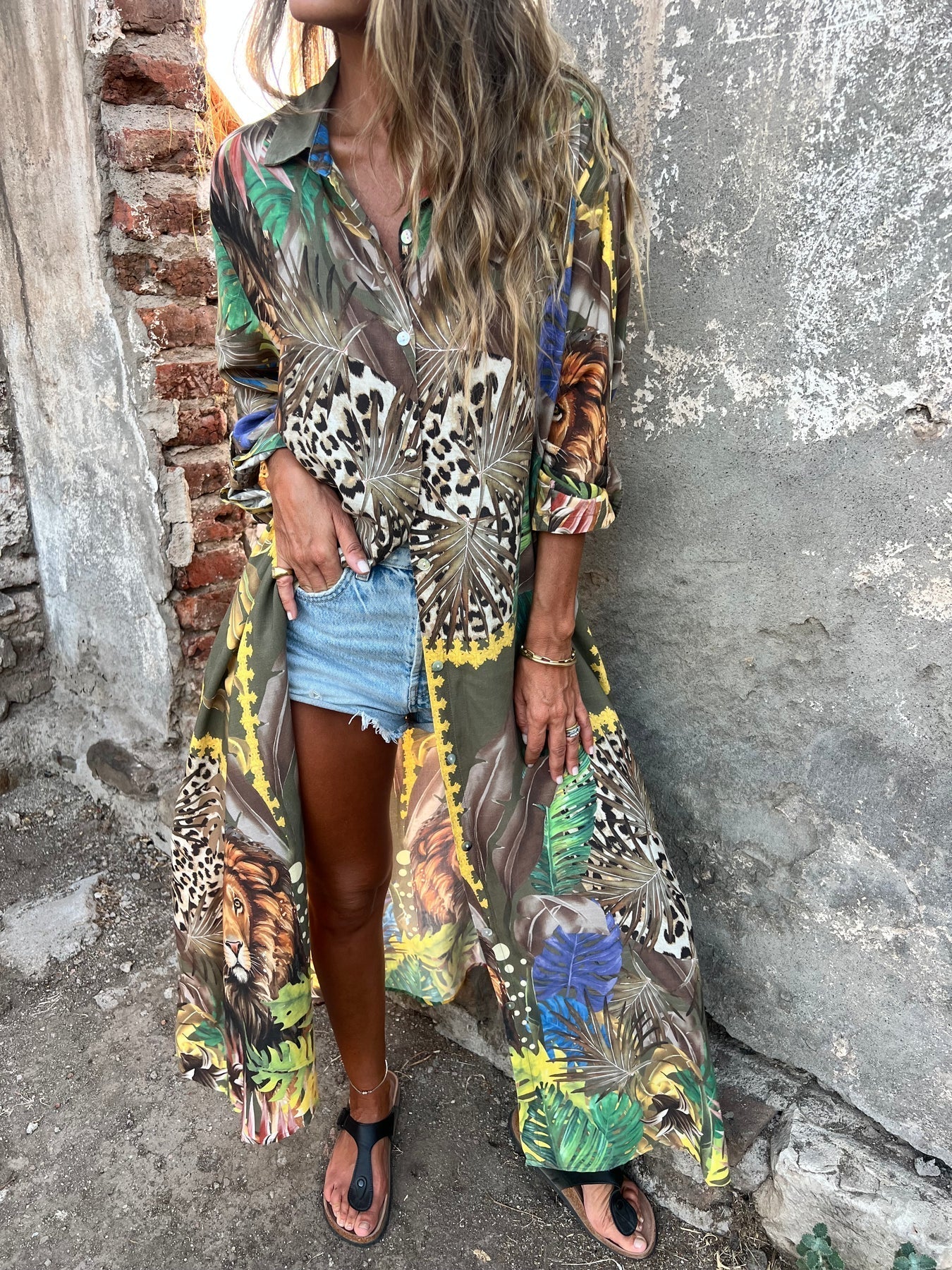 Women's Lapel Plant and Animal Print Casual Long Shirt - Seldom Seen Styles