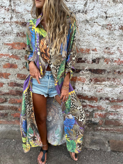 Women's Lapel Plant and Animal Print Casual Long Shirt - Seldom Seen Styles