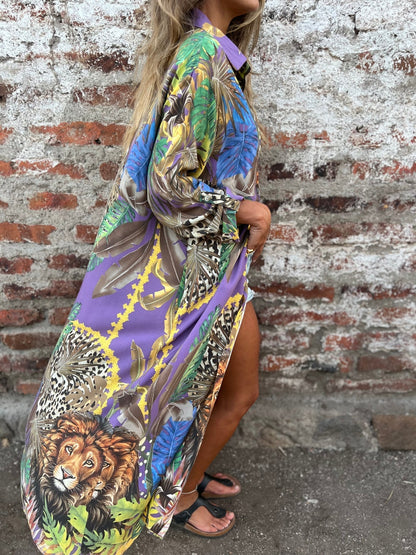 Women's Lapel Plant and Animal Print Casual Long Shirt - Seldom Seen Styles