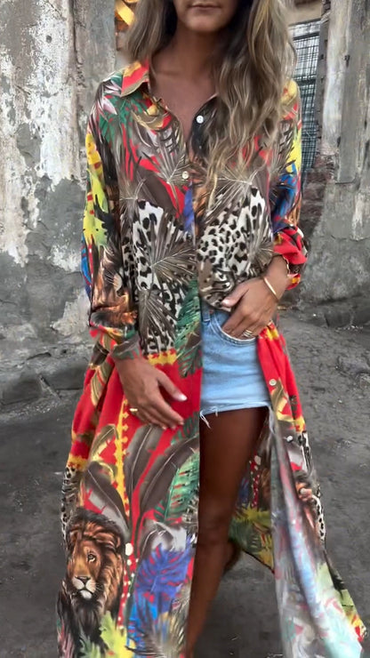Women's Lapel Plant and Animal Print Casual Long Shirt - Seldom Seen Styles