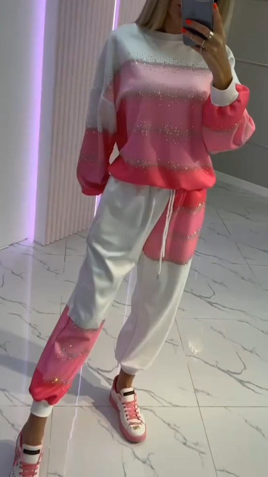 Women's Round Neck Contrast Color Hot Diamond Fashion Suit - Seldom Seen Styles