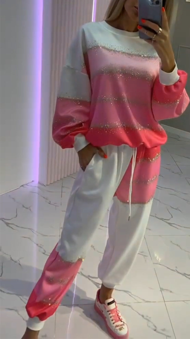 Women's Round Neck Contrast Color Hot Diamond Fashion Suit - Seldom Seen Styles