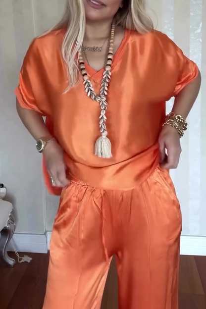 Women's Casual Comfortable V-neck Satin Short-sleeved Two-piece Suit - Seldom Seen Styles