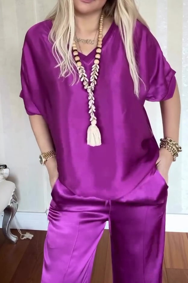 Women's Casual Comfortable V-neck Satin Short-sleeved Two-piece Suit - Seldom Seen Styles
