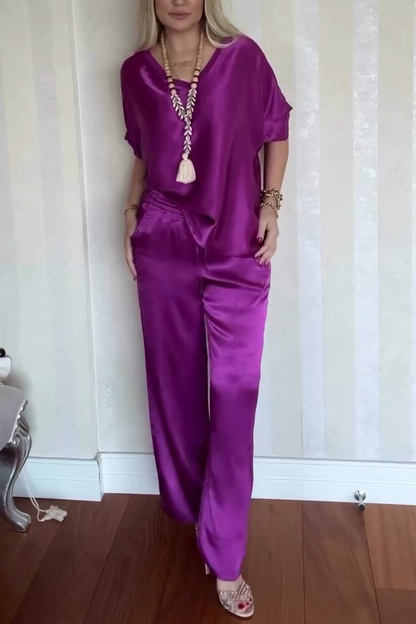 Women's Casual Comfortable V-neck Satin Short-sleeved Two-piece Suit - Seldom Seen Styles