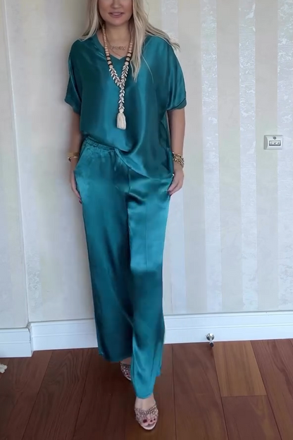 Women's Casual Comfortable V-neck Satin Short-sleeved Two-piece Suit - Seldom Seen Styles