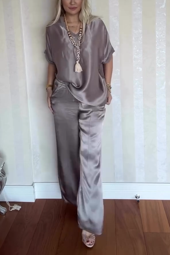 Women's Casual Comfortable V-neck Satin Short-sleeved Two-piece Suit - Seldom Seen Styles