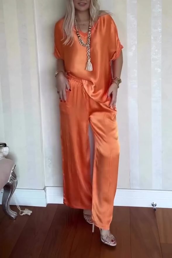 Women's Casual Comfortable V-neck Satin Short-sleeved Two-piece Suit - Seldom Seen Styles