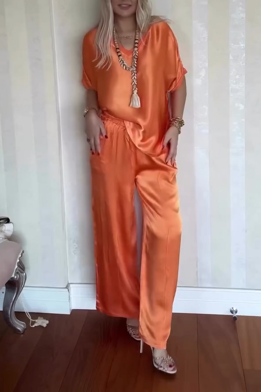 Women's Casual Comfortable V-neck Satin Short-sleeved Two-piece Suit - Seldom Seen Styles