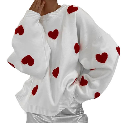 Women's Spring Heart Print Long Sleeve Crewneck Knitting Jumper, Comfort Round Neck Sweater for Daily Streetwear, Tiktop Shop, Lady's Top for Spring