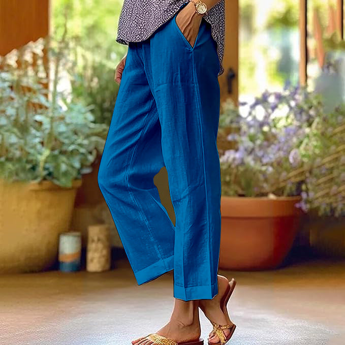 Linen Pants Women Summer Elastic Waist Straight Leg Plus Size Crop Pants Casual Beach Trousers with Pockets - Seldom Seen Styles