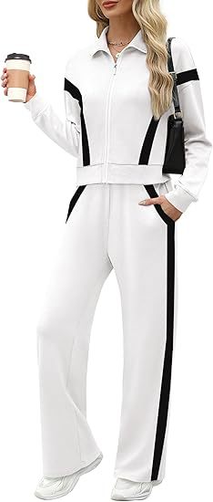 Women's 2 Piece Lounge Outfits Zip Up Sweat Set Contrast Striped Wide Leg Jogging Pants Travel Track Suit - Seldom Seen Styles