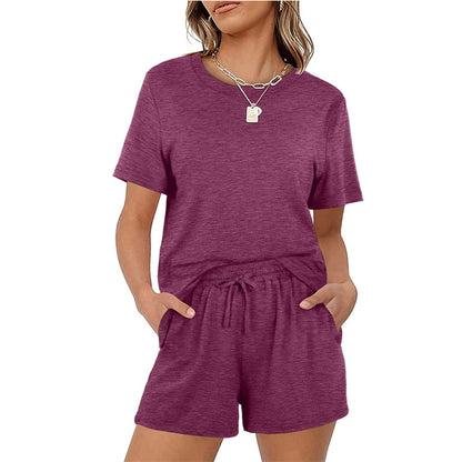 2025Summer New Women's Two-Piece Set Solid Color Short Sleeve T Casual T-shirt and Shorts Set for Women