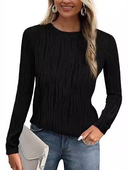 Women's Summer Fall Scalloped Lace Cuff Crewneck Tops Textured Shirts - Seldom Seen Styles