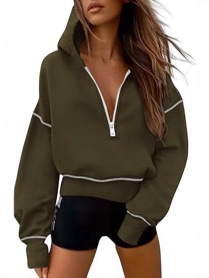Women's Hooded Sweatshirts Long Sleeve Half Zip Cropped Hoodie Pullover Gold Zipper With Stitching Detail Winter Fashion Clothes - Seldom Seen Styles