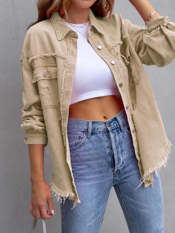 Women's Plain Ripped Raw Hem Button Front Drop Shoulder Coat, Casual Chic Pocket Long Sleeve Collared Outerwear for Daily Wear, Jackets - Seldom Seen Styles