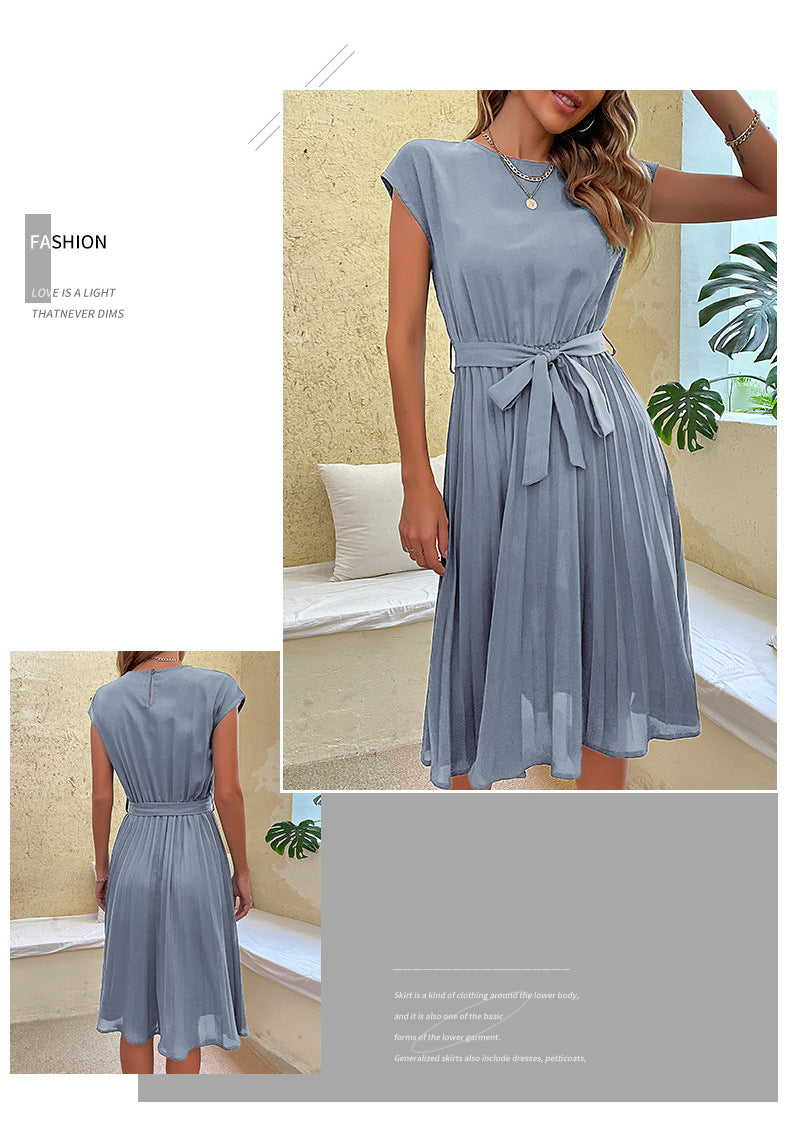Women Summer Maxi Pleated Dress Casual Cap Sleeve Flowy Swing Loose Fit Midi Dresses Pocket Crew Neck Back Button