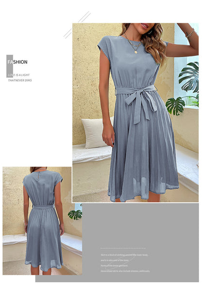 Women Summer Maxi Pleated Dress Casual Cap Sleeve Flowy Swing Loose Fit Midi Dresses Pocket Crew Neck Back Button
