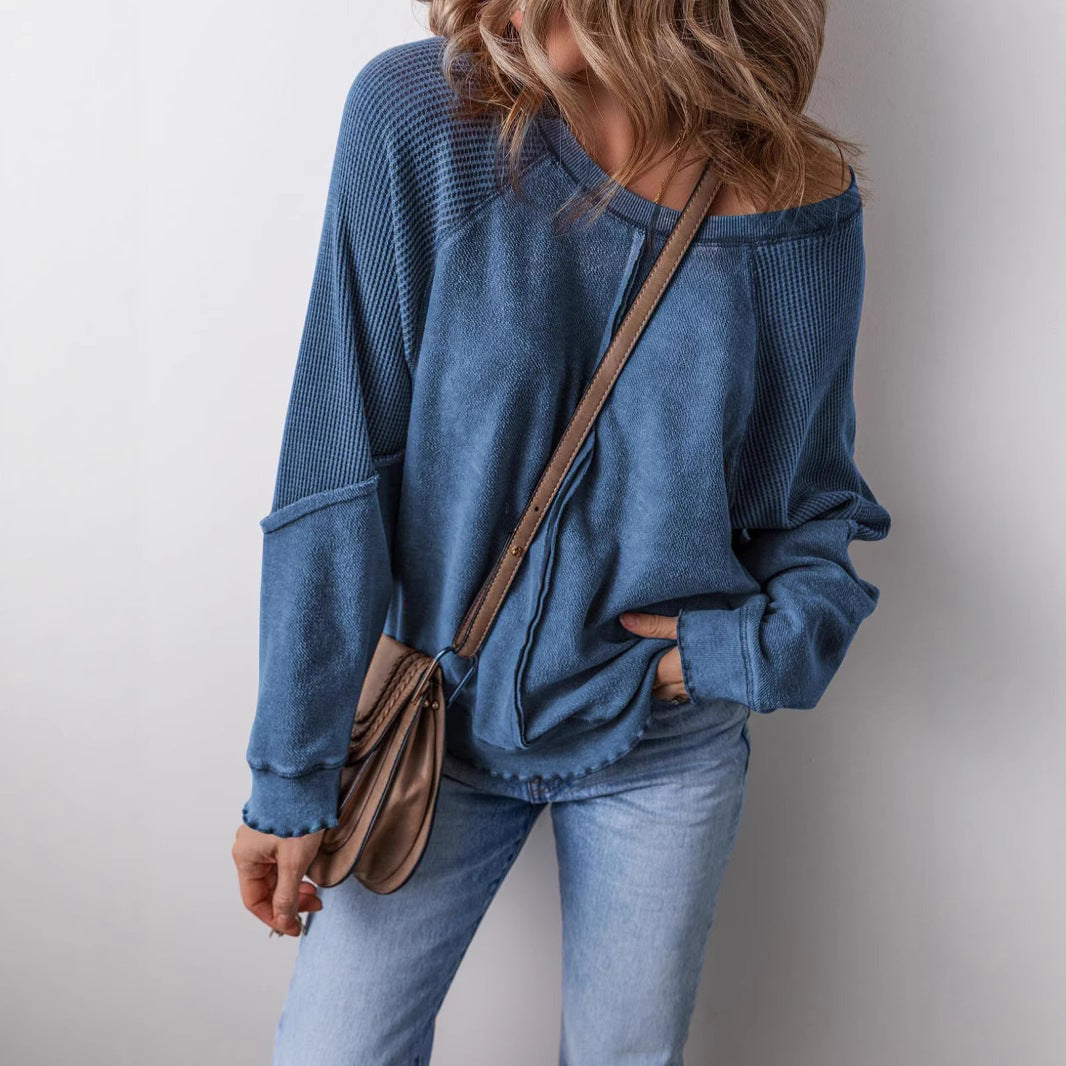 Women's Cotton Waffle Knit Casual Crew Neck Long Sleeve Back Seam Pullover Sweatshirt - Seldom Seen Styles