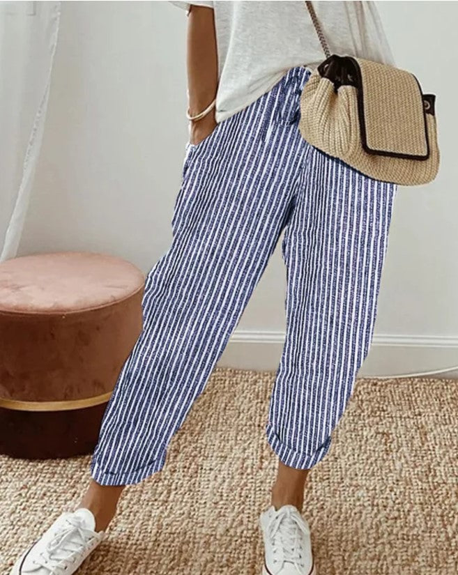 Women's Casual Vertical Striped High Elastic Waist Wide Leg Capri Palazzo Pants with Pockets - Seldom Seen Styles