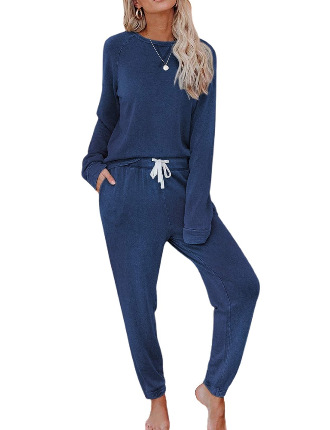 Women's Solid Sweatsuit Set 2 Piece Long Sleeve Pullover and Drawstring Sweatpants Sport Outfits Sets - Seldom Seen Styles