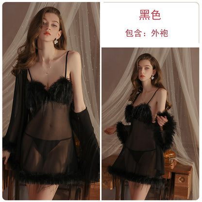 Womens Sexy 3 Piece Fuzzy Lingerie Set Transparent Tulle Nightshirt With Robe and G-String - Seldom Seen Styles