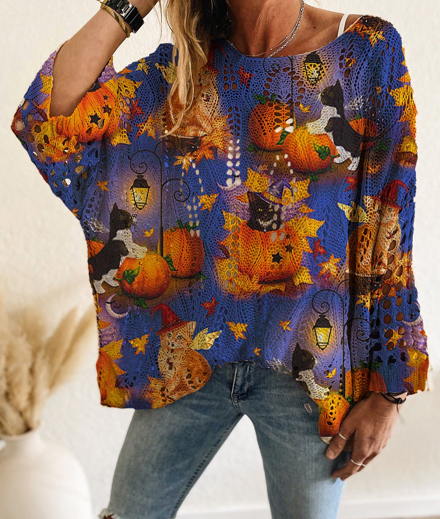 Women's Halloween Pumpkin Print Long Sleeve Knit Top, Casual Elegant Vacation Style, Loose Fit Batwing Shoulder, Spring Summer Fall Wear - Seldom Seen Styles
