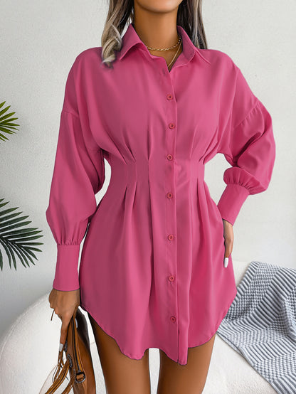 Women's Button Down Shirt Dress, Long Sleeve, Pleated Waist, Multiple Color Options Available - Seldom Seen Styles