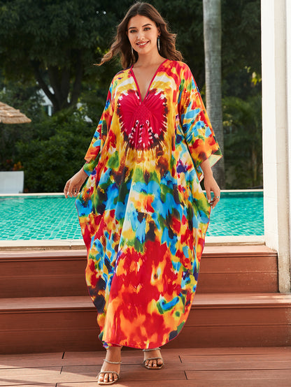 [Plus Size] Butterfly/feather Print Ruched Split Hem Tunic Dress, Valentine's Day Elegant Batwing Sleeve V Neck Long Dress for Summer, Casual Womenswear, Gift, Homecoming Dresses, Women's Clothes for Beach Holiday Vacation, Moo Moo Dresses