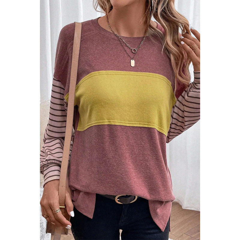 Long Sleeve Fall Tops Oversized 2025 Trendy Round Crew Neck Casual Color Block Womens Shirts Blouses - Seldom Seen Styles