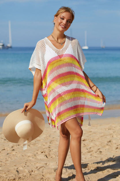 Rainbow Stripe Openwork Slit Cover Up - Seldom Seen Styles