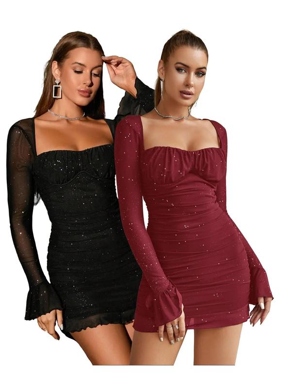 Women's Glitter Contrast Mesh Long Sleeve Ruched Mini Bodycon Dress, Lady Comfort Casual Elegant Square Neck Lettuce Trim Tight Dresses for Party Dinner Holiday, Party Dress, Birthday Dress for Women Casual - Seldom Seen Styles