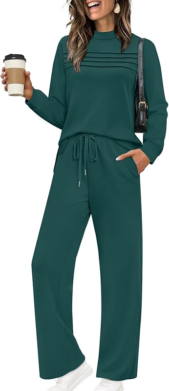 Two Piece Sets for Women Fall Travel Vacation Outfits Long Sleeve Lounge Sets Side Slit Wide Leg Pants S-3XL