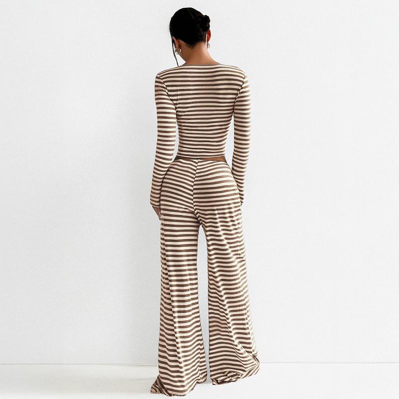 Women's Slouchy Square Neck Stripe Long Sleeve Crop Top & Low-Rise Wide Leg Trousers Co-ord, Minimalist Two Piece Outfits, Cozy Womenswear - Seldom Seen Styles
