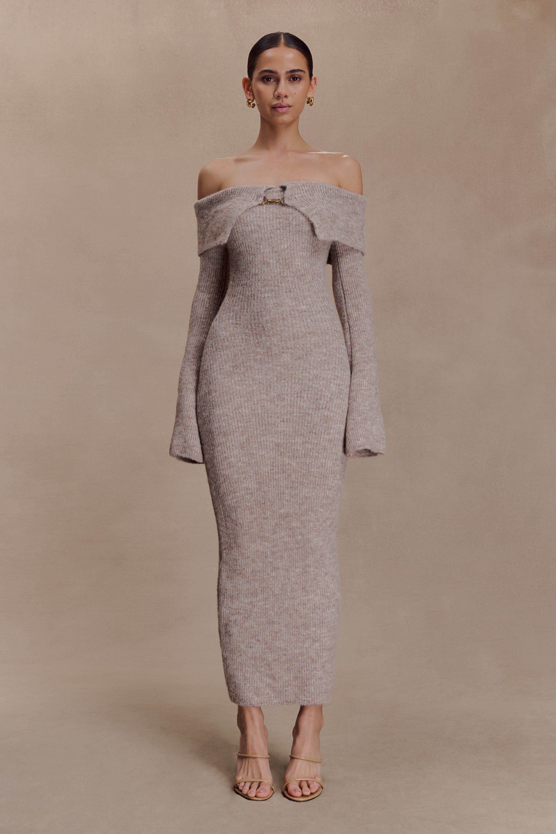 Baxter Off Shoulder Fluffy Knit Midi Dress - Taupe Marle - Seldom Seen Styles