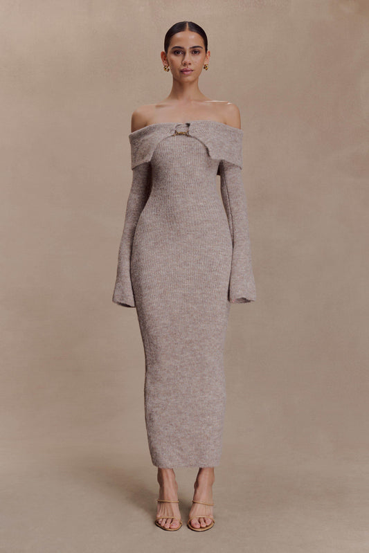 Baxter Off Shoulder Fluffy Knit Midi Dress - Taupe Marle - Seldom Seen Styles