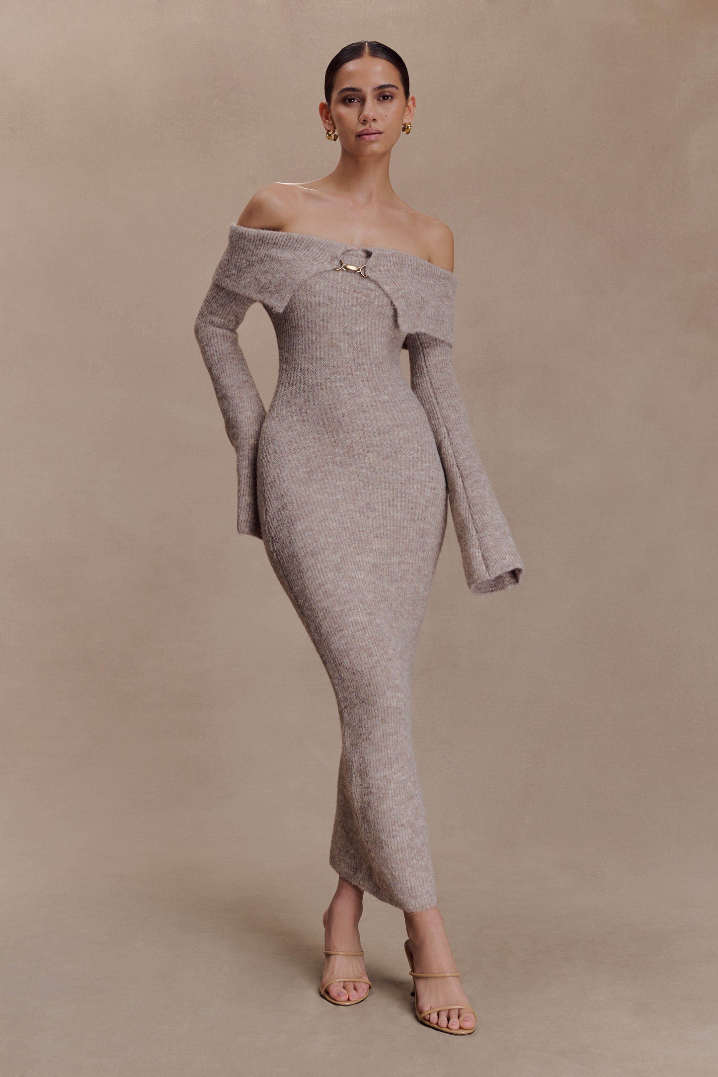 Baxter Off Shoulder Fluffy Knit Midi Dress - Taupe Marle - Seldom Seen Styles