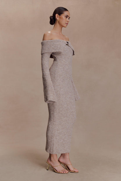 Women's Fall Off Shoulder Sweater Dress 2025 Bell Long Sleeve Ribbed Knit Bodycon Formal Maxi Dresses