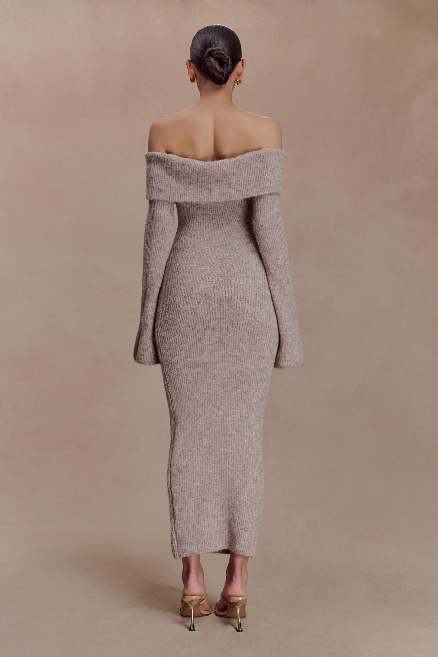 Baxter Off Shoulder Fluffy Knit Midi Dress - Taupe Marle - Seldom Seen Styles