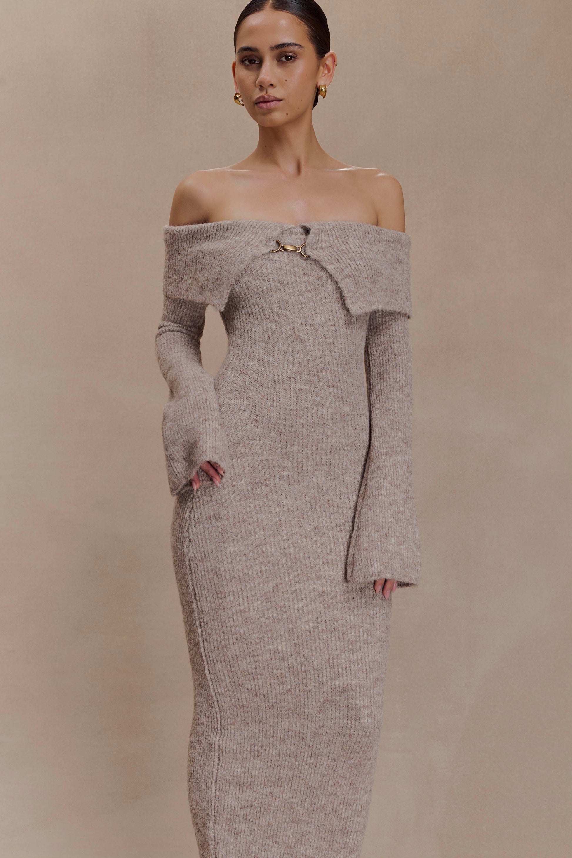 Baxter Off Shoulder Fluffy Knit Midi Dress - Taupe Marle - Seldom Seen Styles