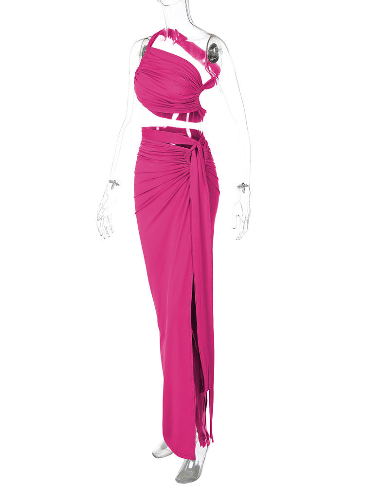 maxi dress with slit one shoulder dress two piece skirt set Sexy red one shoulder dress