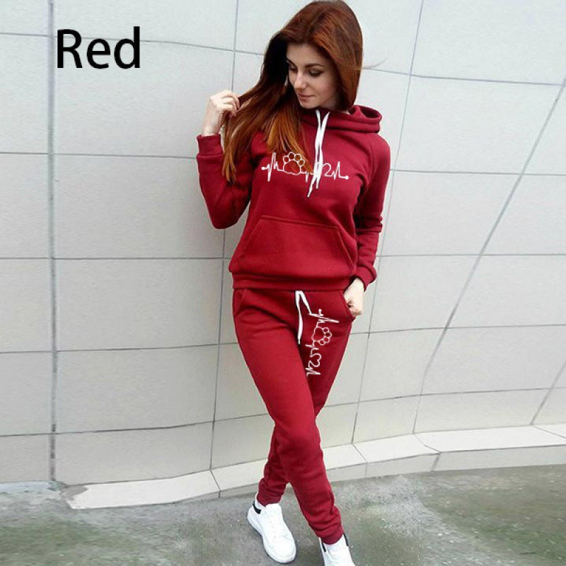 Two-Piece Set Women's Heart Print Raglan Sleeve Hoodie & Drawstring Waist Sweatpants Set, Casual Long Sleeve Hooded Pullover & Pocket Jogger Pants, Women's Fall & Winter Clothes, Holiday Outfits, Soft Clothes - Seldom Seen Styles
