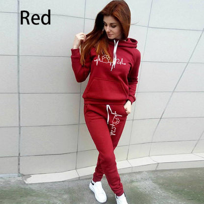 Two-Piece Set Women's Heart Print Raglan Sleeve Hoodie & Drawstring Waist Sweatpants Set, Casual Long Sleeve Hooded Pullover & Pocket Jogger Pants, Women's Fall & Winter Clothes, Holiday Outfits, Soft Clothes - Seldom Seen Styles
