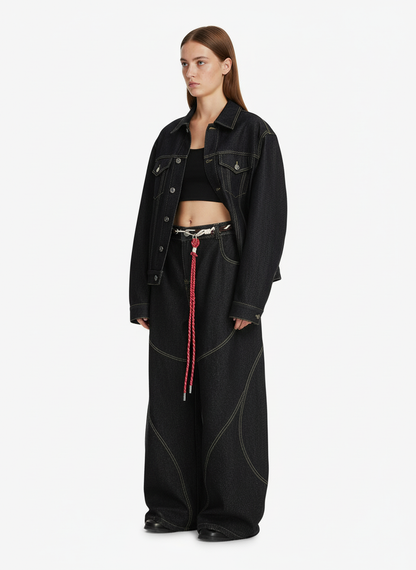 Denim Retro Belt Detail With Patchwork Barrel Jeans - 2490