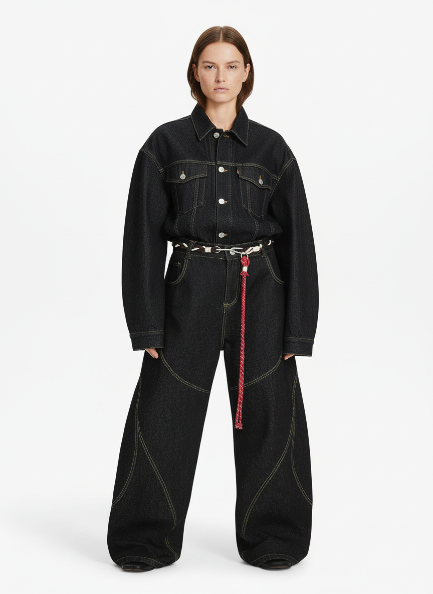 Denim Retro Belt Detail With Patchwork Barrel Jeans - 2490 